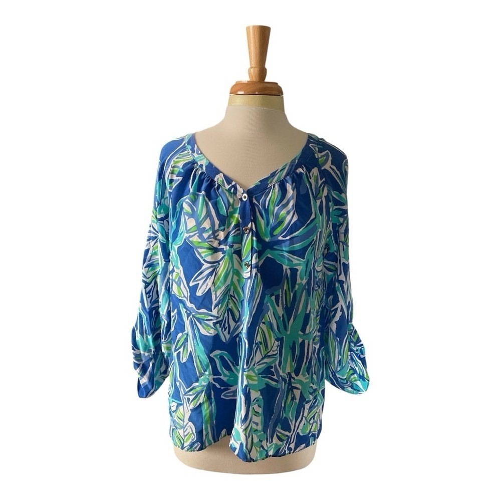 Lilly Pulitzer 100% Silk Blue Crush Palmetto 3/4 Sleeve Top